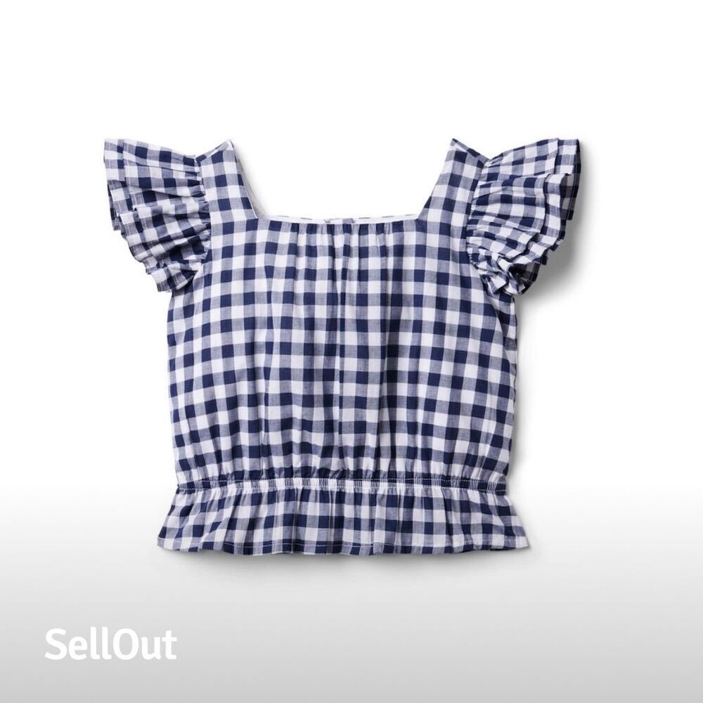 NWT‎ Janie and Jack Girls Gingham Ruffle Sleeve Blouse Size 8 Navy Blue